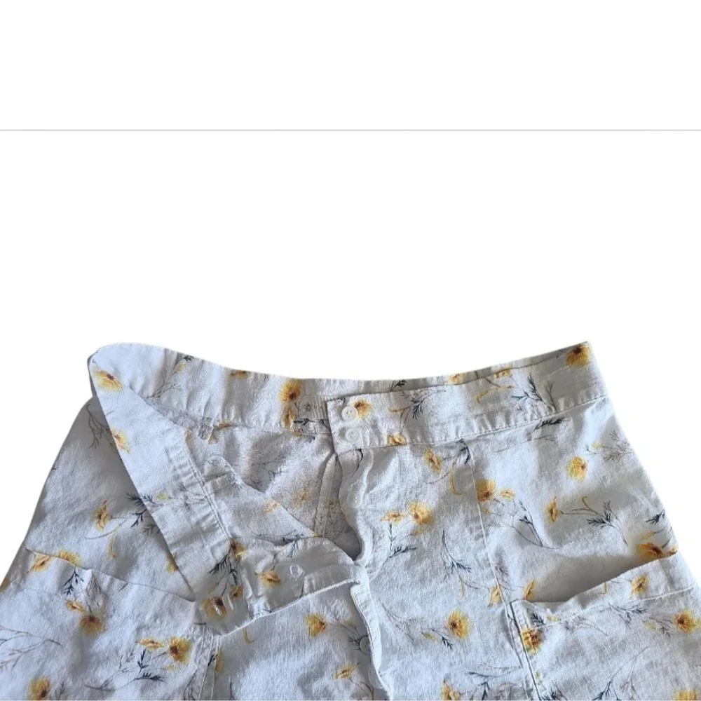 Happy Nature Linen Blend Floral Skirt Women’s 14 Cream Yellow Midi Cottagecore